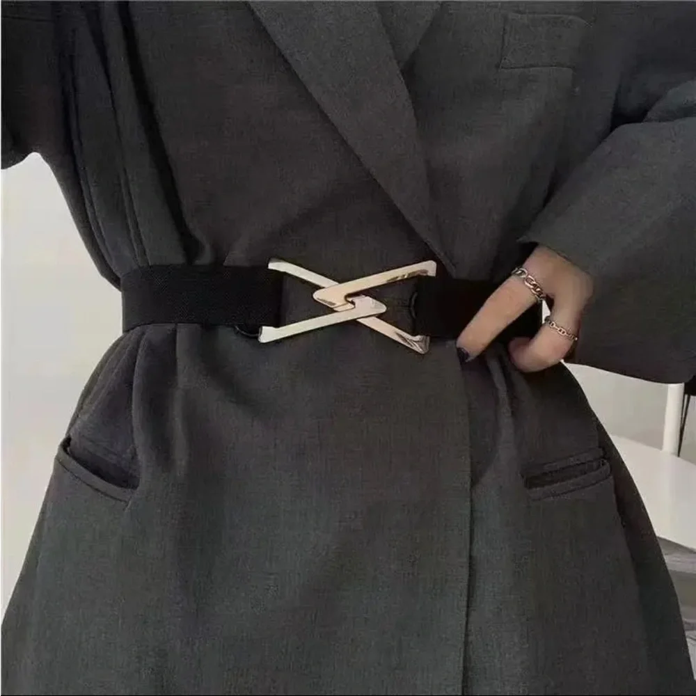 Double Triangle Metal Buckle Belt Decorative Elastic Casual One Size Fits‎ Most